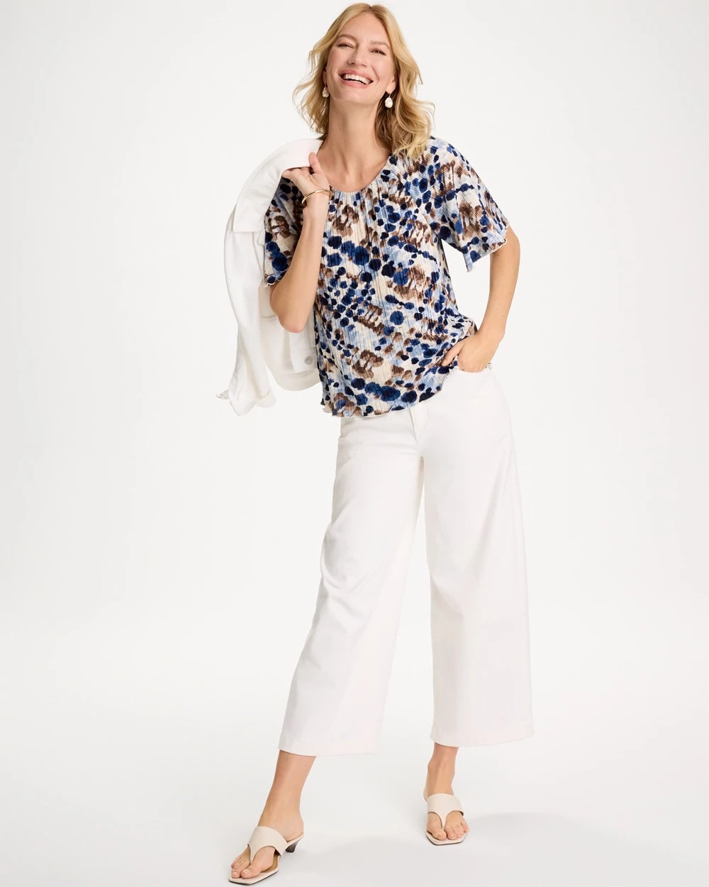 Chico's Outlet Passport Blue Printed Bodre Tee