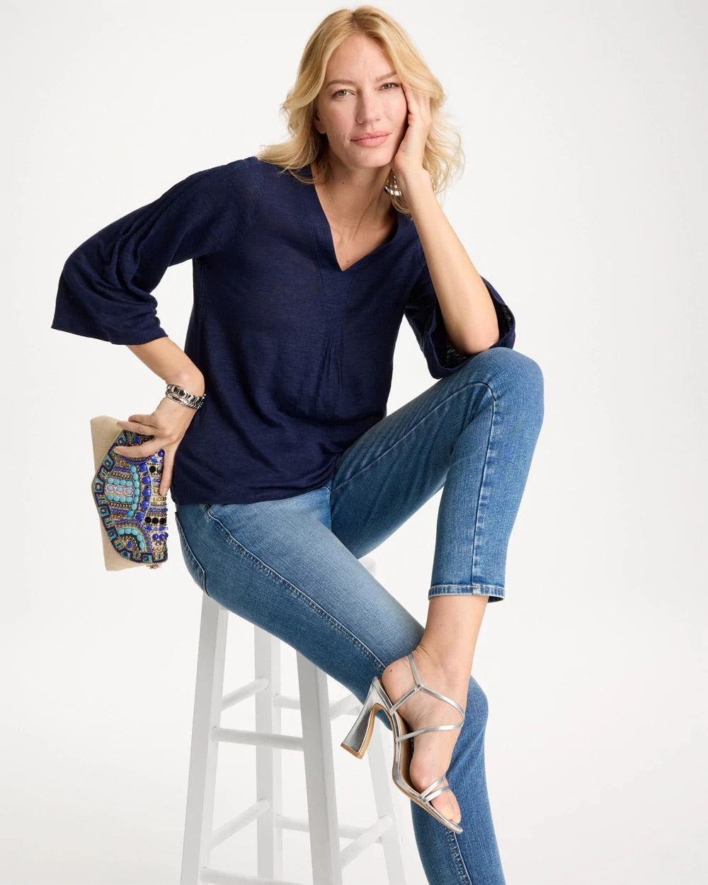 Chico's On Sale Passport Blue Linen Pleated Pintuck Tee