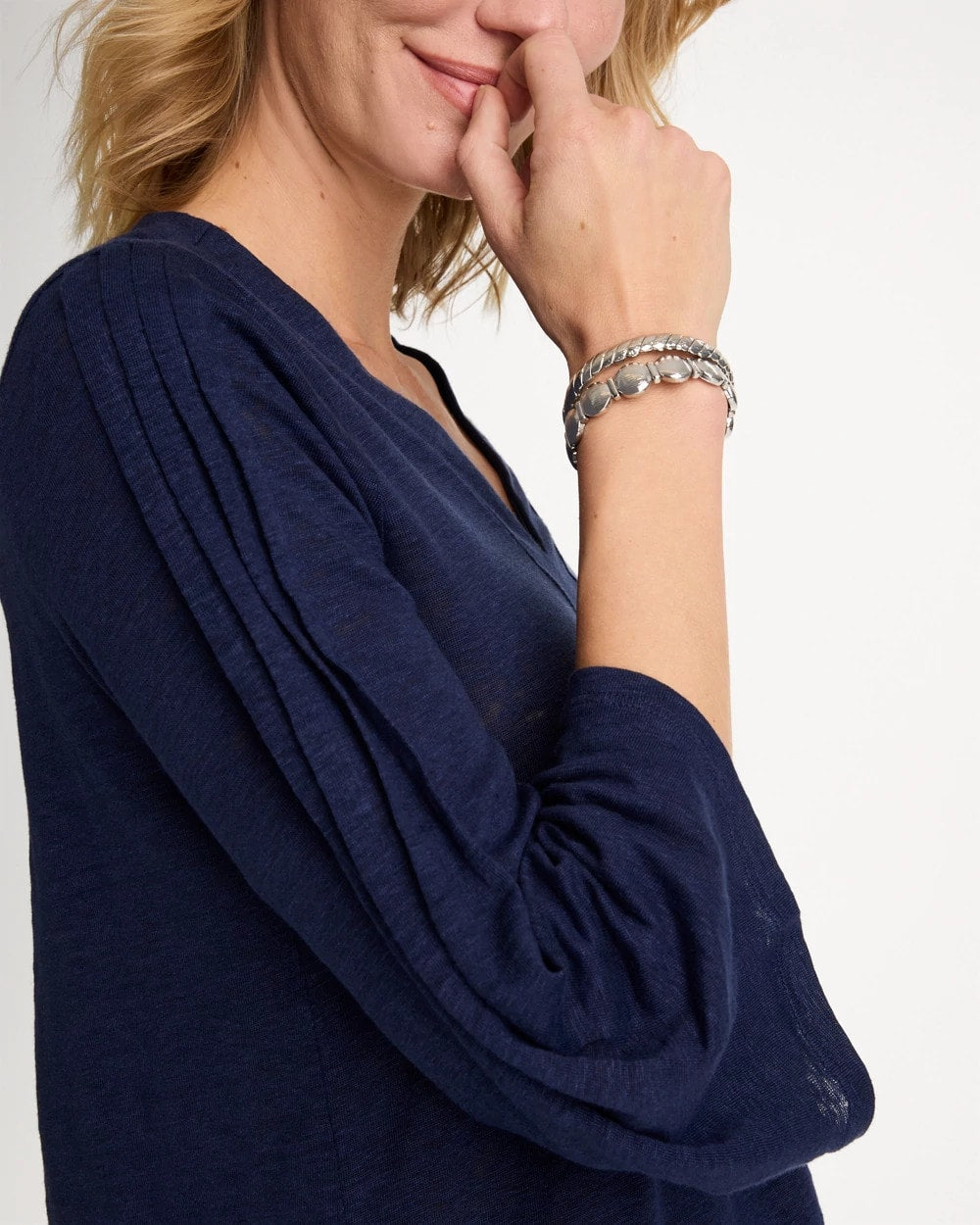 Chico's On Sale Passport Blue Linen Pleated Pintuck Tee