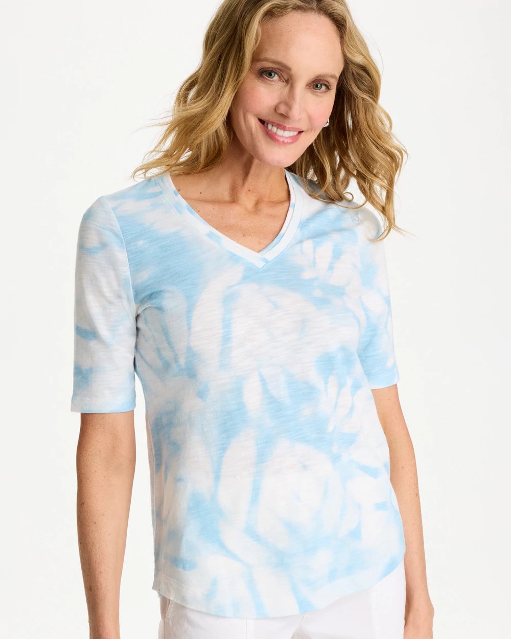 Chico's Sale Blue Haven Tie-Dye Palm Cotton Slub V-Neck Tee