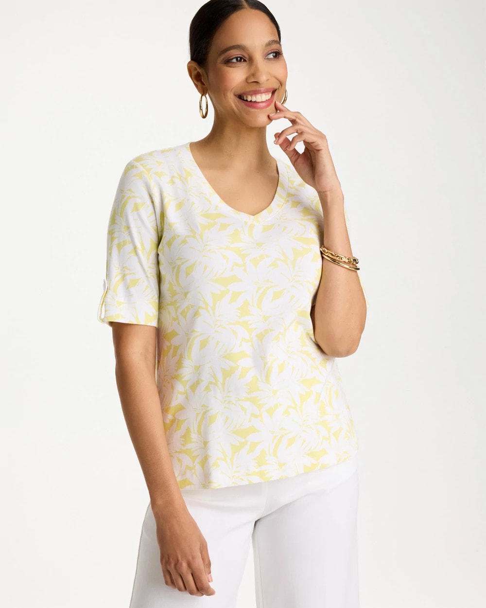 Chico's On Sale Sage Lime Printed Pima Elbow-Sleeve Tee