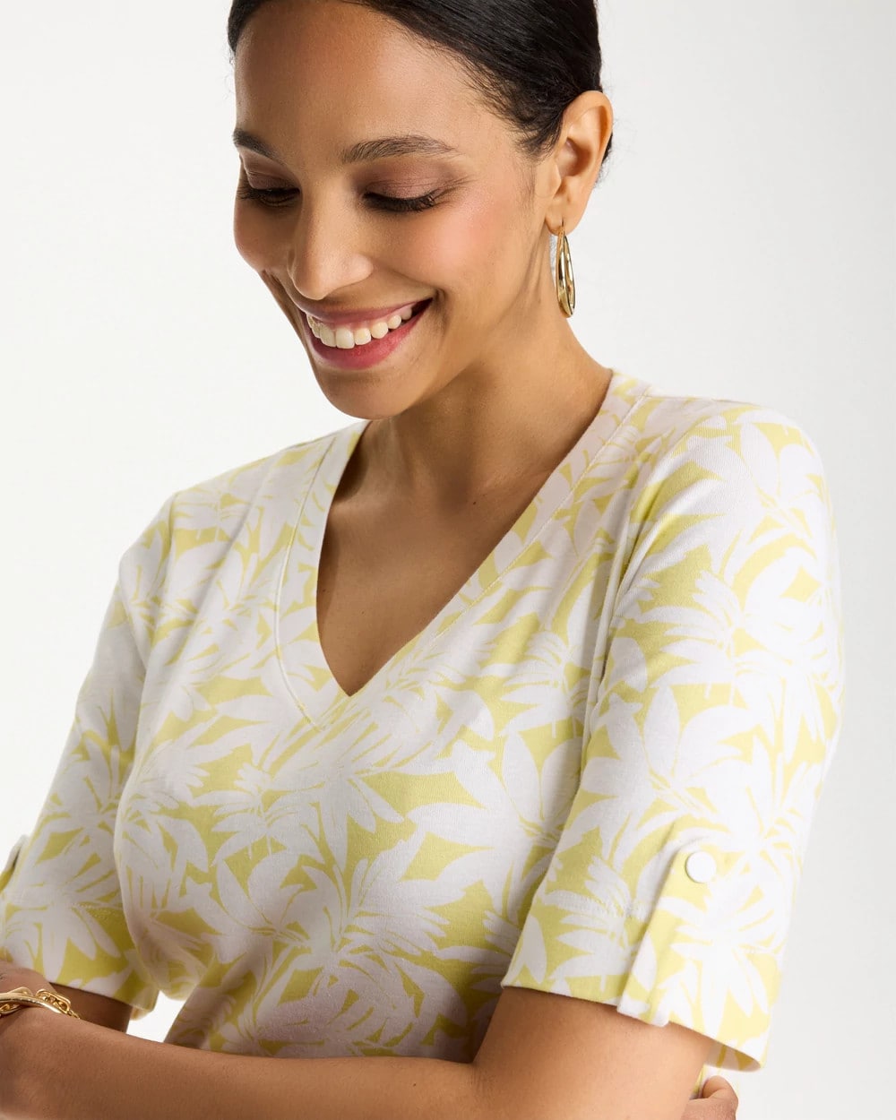 Chico's On Sale Sage Lime Printed Pima Elbow-Sleeve Tee