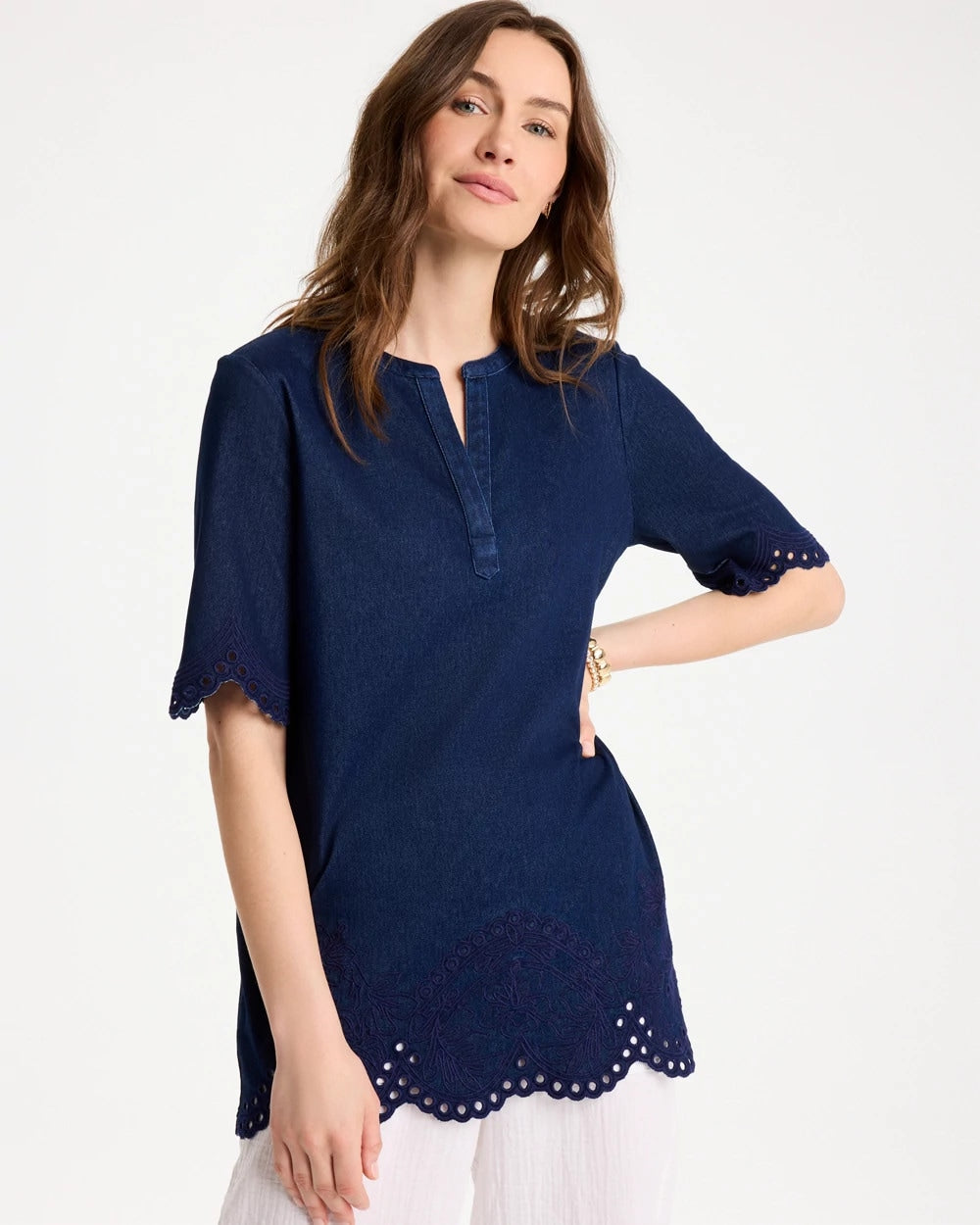 Chico's For Sale Dark Wash Embroidered Cotton-Blend Tunic