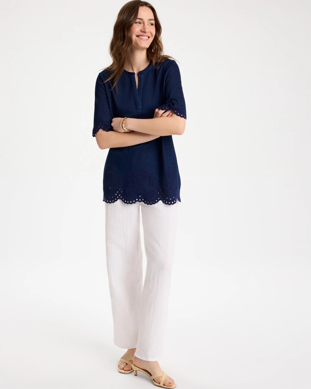 Chico's For Sale Dark Wash Embroidered Cotton-Blend Tunic