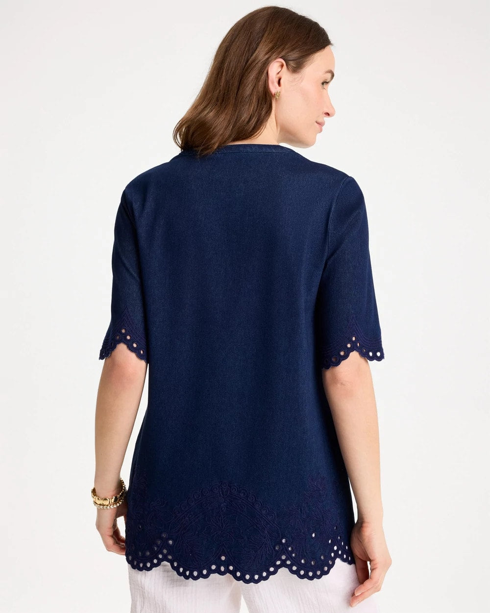 Chico's For Sale Dark Wash Embroidered Cotton-Blend Tunic