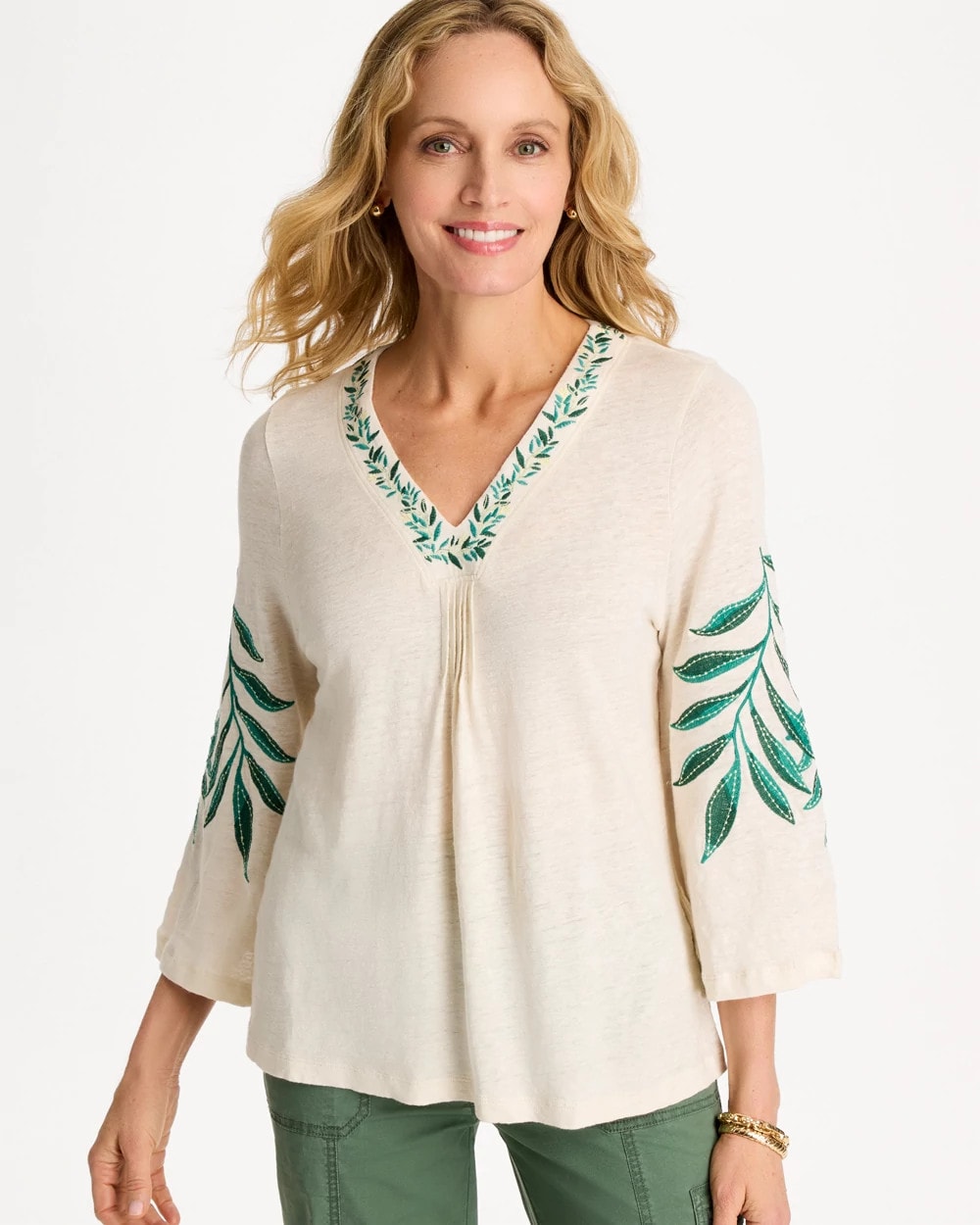 Chico's Online Natural Cream Linen Palm Embroidered Pleated Tee