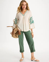 Chico's Online Natural Cream Linen Palm Embroidered Pleated Tee