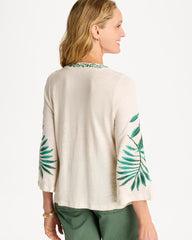 Chico's Online Natural Cream Linen Palm Embroidered Pleated Tee