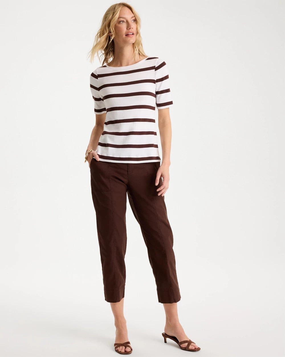 Chico's Discount Alabaster Striped Pima Elbow Sleeve Tee