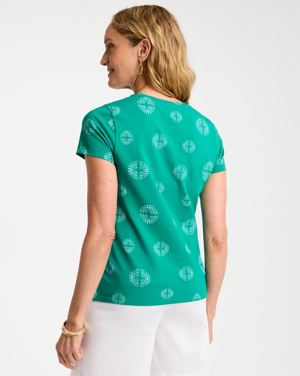 Chico's For Sale Topanga Green Printed Cotton Stretch Cap-Sleeve Tee