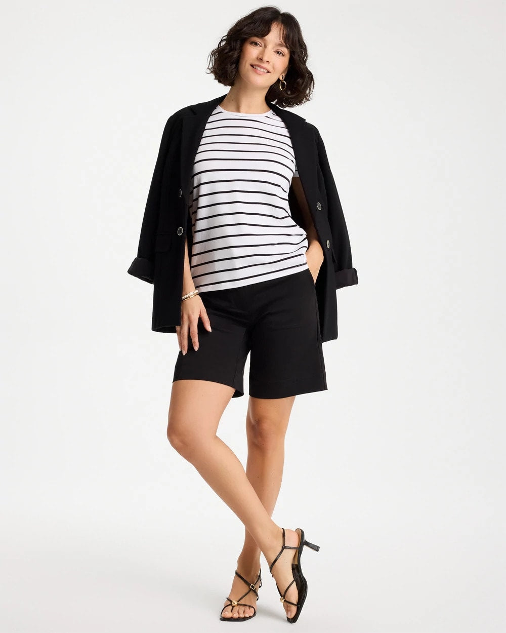 Chico's Online Black Striped Cotton Stretch Cap-Sleeve Tee