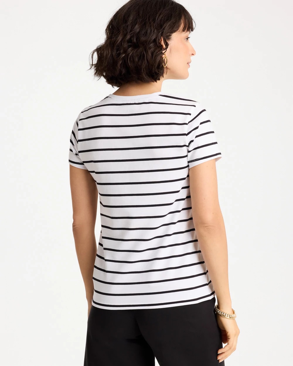 Chico's Online Black Striped Cotton Stretch Cap-Sleeve Tee