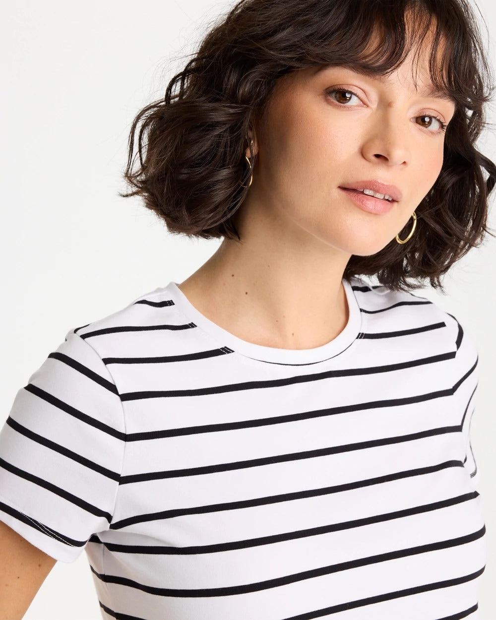 Chico's Online Black Striped Cotton Stretch Cap-Sleeve Tee