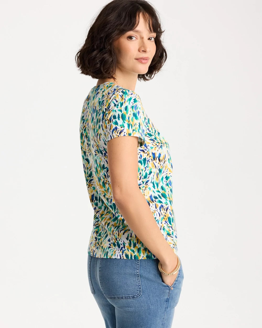 Chico's Discount Alabaster Printed Cotton Stretch Cap-Sleeve Tee
