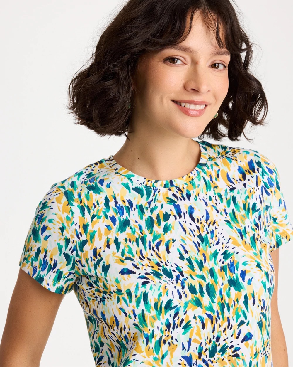 Chico's Discount Alabaster Printed Cotton Stretch Cap-Sleeve Tee