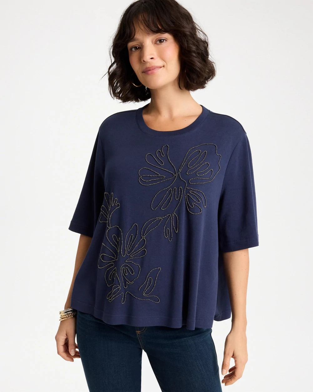 Chico's Sale Passport Blue Caviar Beaded Cotton Tee