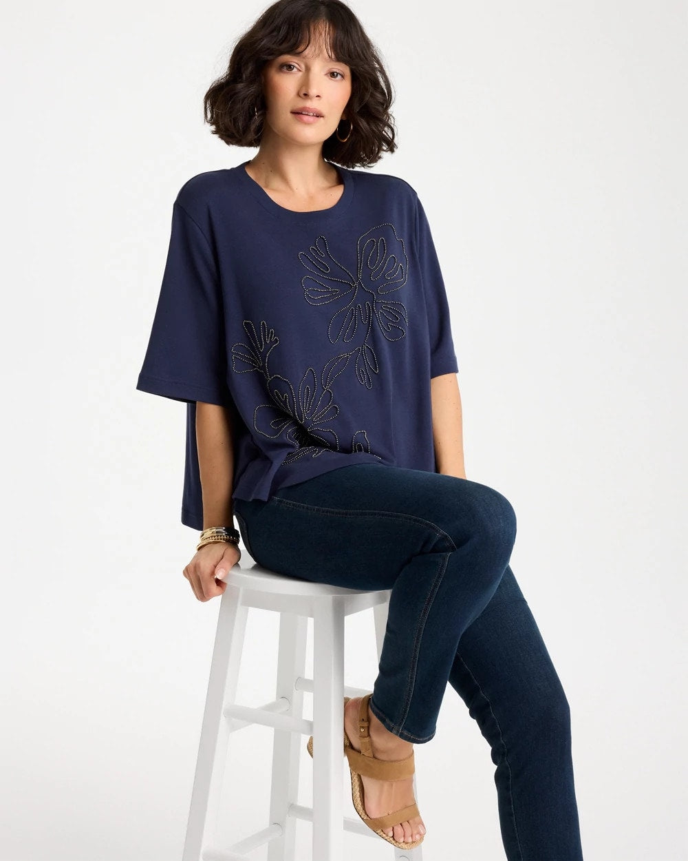 Chico's Sale Passport Blue Caviar Beaded Cotton Tee
