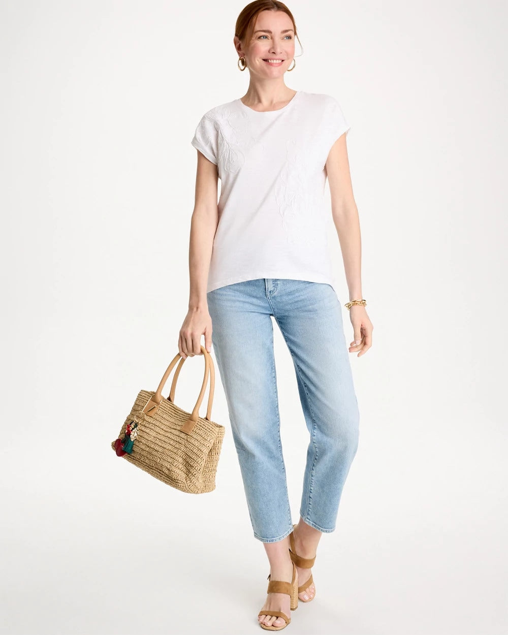 Chico's Outlet Alabaster Cotton Slub Embroidered Wedge Tee