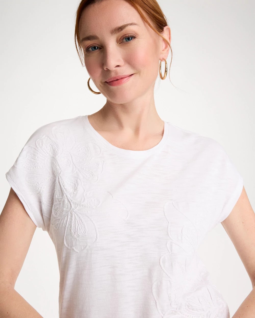Chico's Outlet Alabaster Cotton Slub Embroidered Wedge Tee