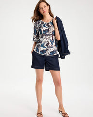 Chico's On Sale Passport Blue Printed Linen Fringed Tee