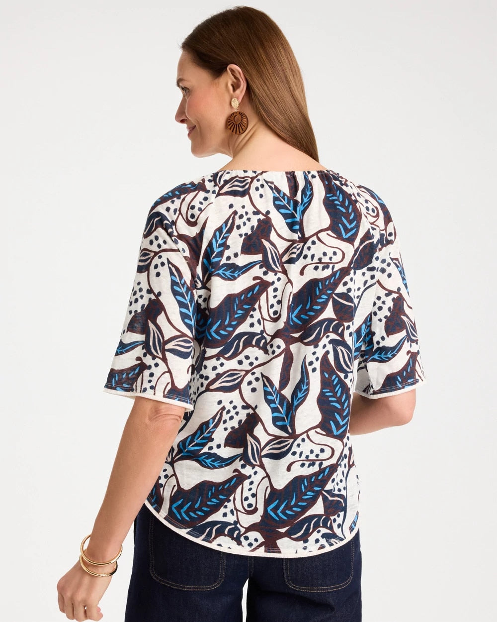 Chico's On Sale Passport Blue Printed Linen Fringed Tee