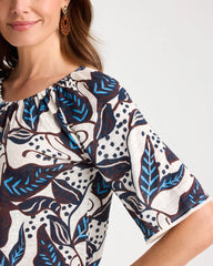 Chico's On Sale Passport Blue Printed Linen Fringed Tee