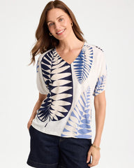 Chico's Sale Passport Blue Leaf Print Linen Ruched V-Neck Tee