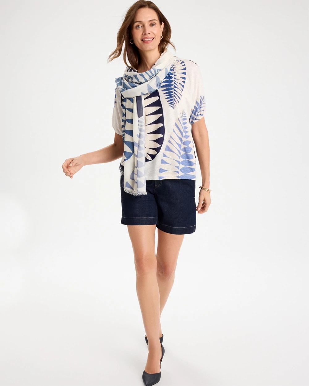 Chico's Sale Passport Blue Leaf Print Linen Ruched V-Neck Tee