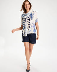 Chico's Sale Passport Blue Leaf Print Linen Ruched V-Neck Tee
