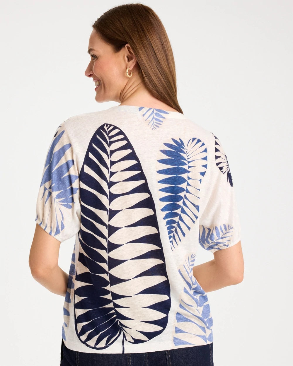 Chico's Sale Passport Blue Leaf Print Linen Ruched V-Neck Tee