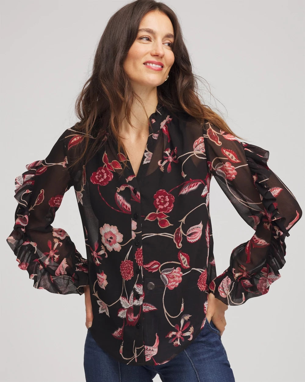 Chico's Sale Black Georgette Celtic Blooms Blouse