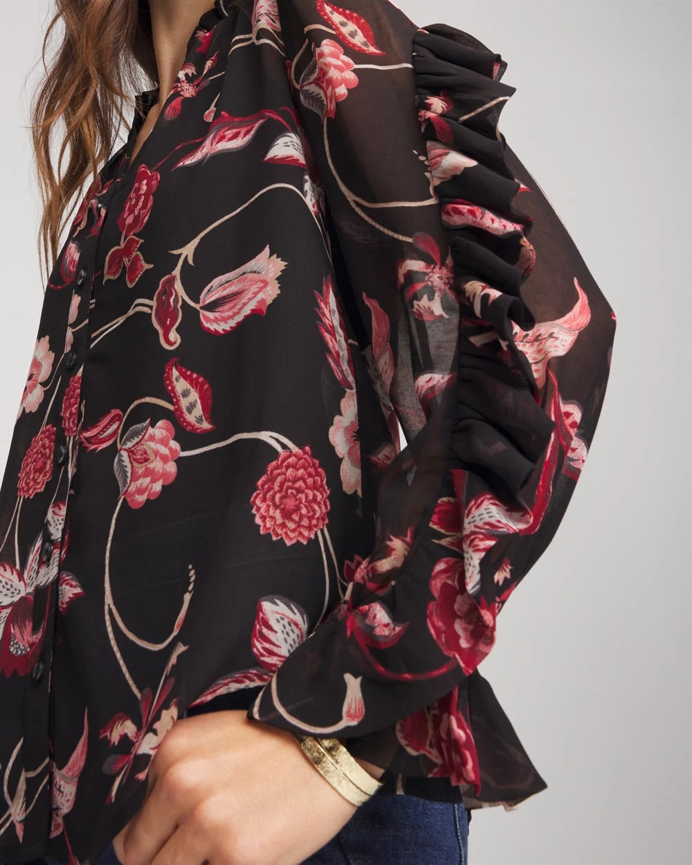 Chico's Sale Black Georgette Celtic Blooms Blouse