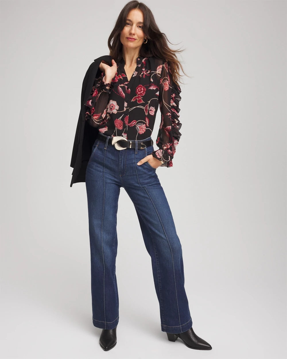 Chico's Sale Black Georgette Celtic Blooms Blouse