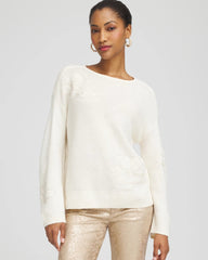 Chico's On Sale English Cream Tonal Embroidered Boatneck Pullover Sweater