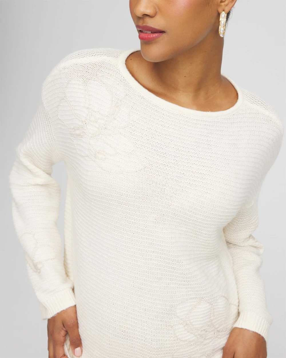 Chico's On Sale English Cream Tonal Embroidered Boatneck Pullover Sweater