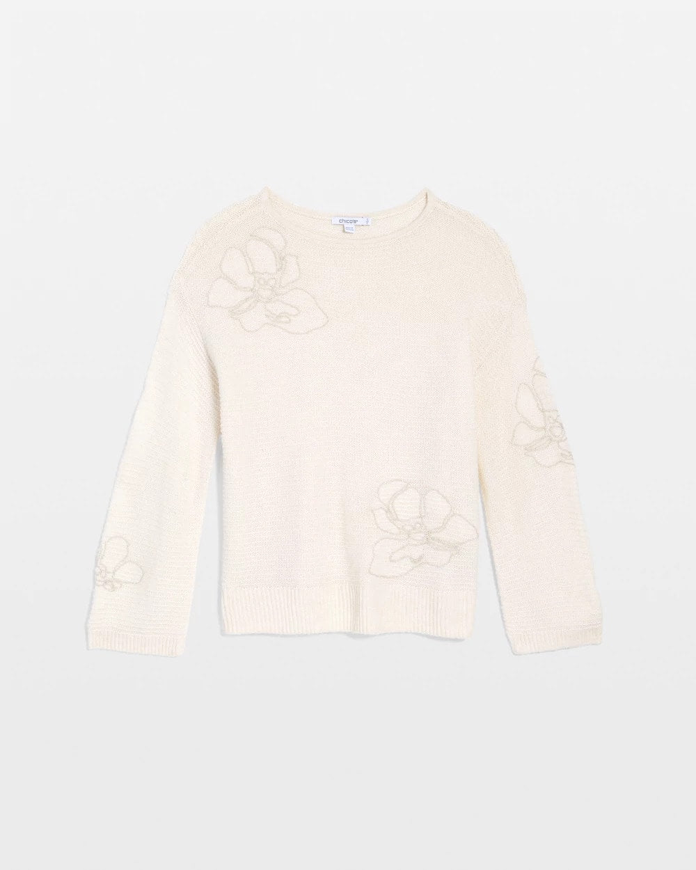 Chico's On Sale English Cream Tonal Embroidered Boatneck Pullover Sweater