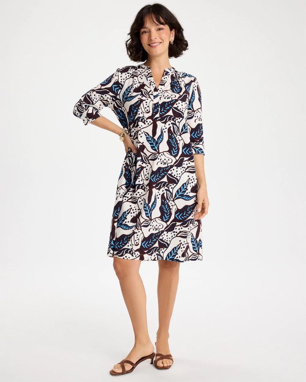 Chico's Online Passport Blue Poplin Cotton Popover Printed Dress