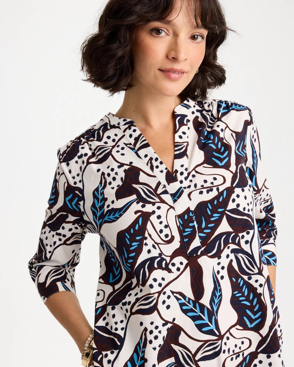 Chico's Online Passport Blue Poplin Cotton Popover Printed Dress