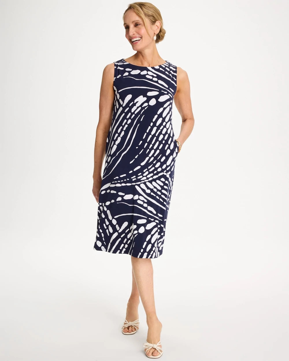 Chico's Discount Passport Blue Jersey Knit Printed Shift Dress