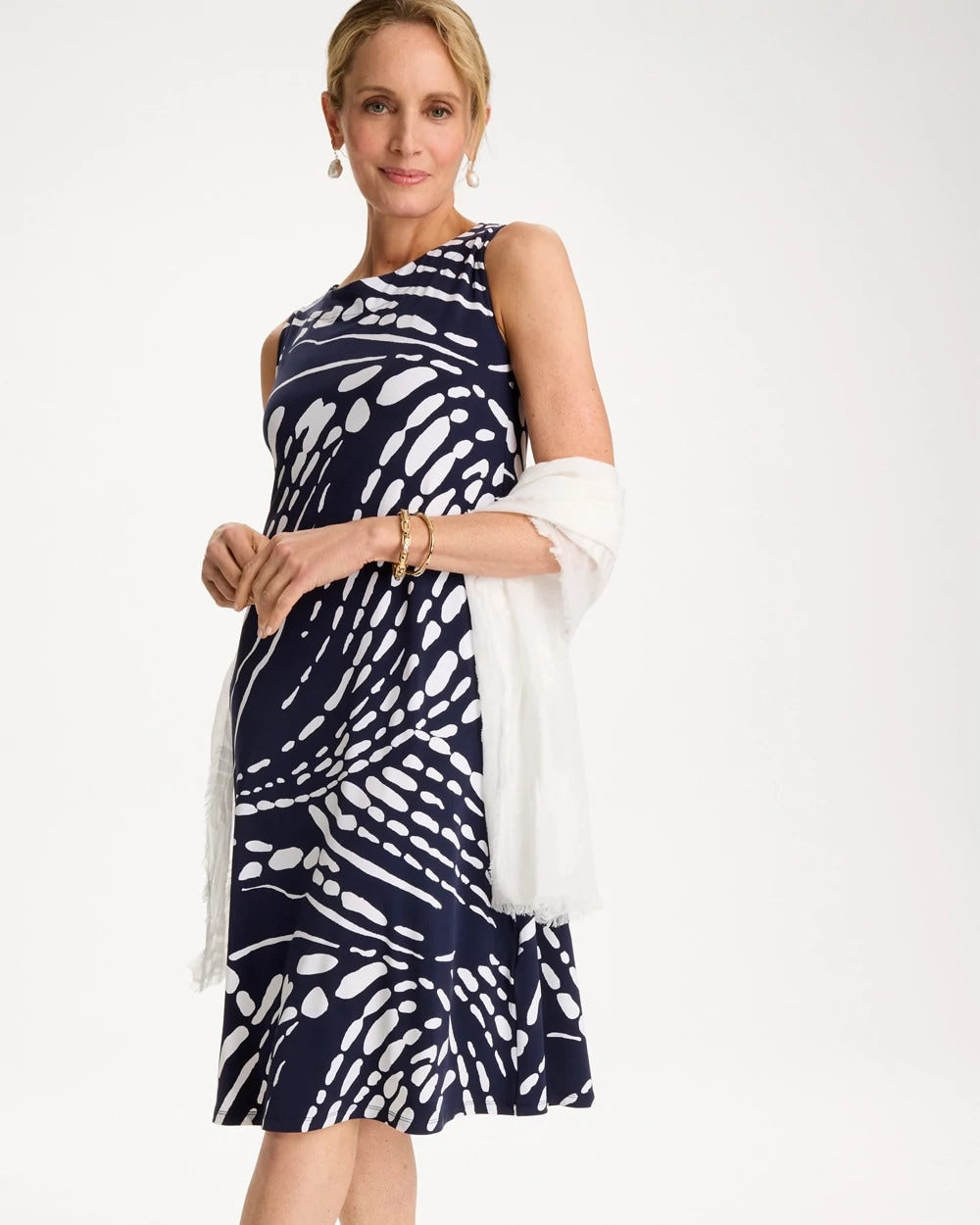 Chico's Discount Passport Blue Jersey Knit Printed Shift Dress