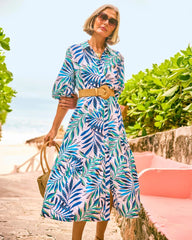 Chico's On Sale Passport Blue Palm Cotton-Rayon Slub Shirtdress