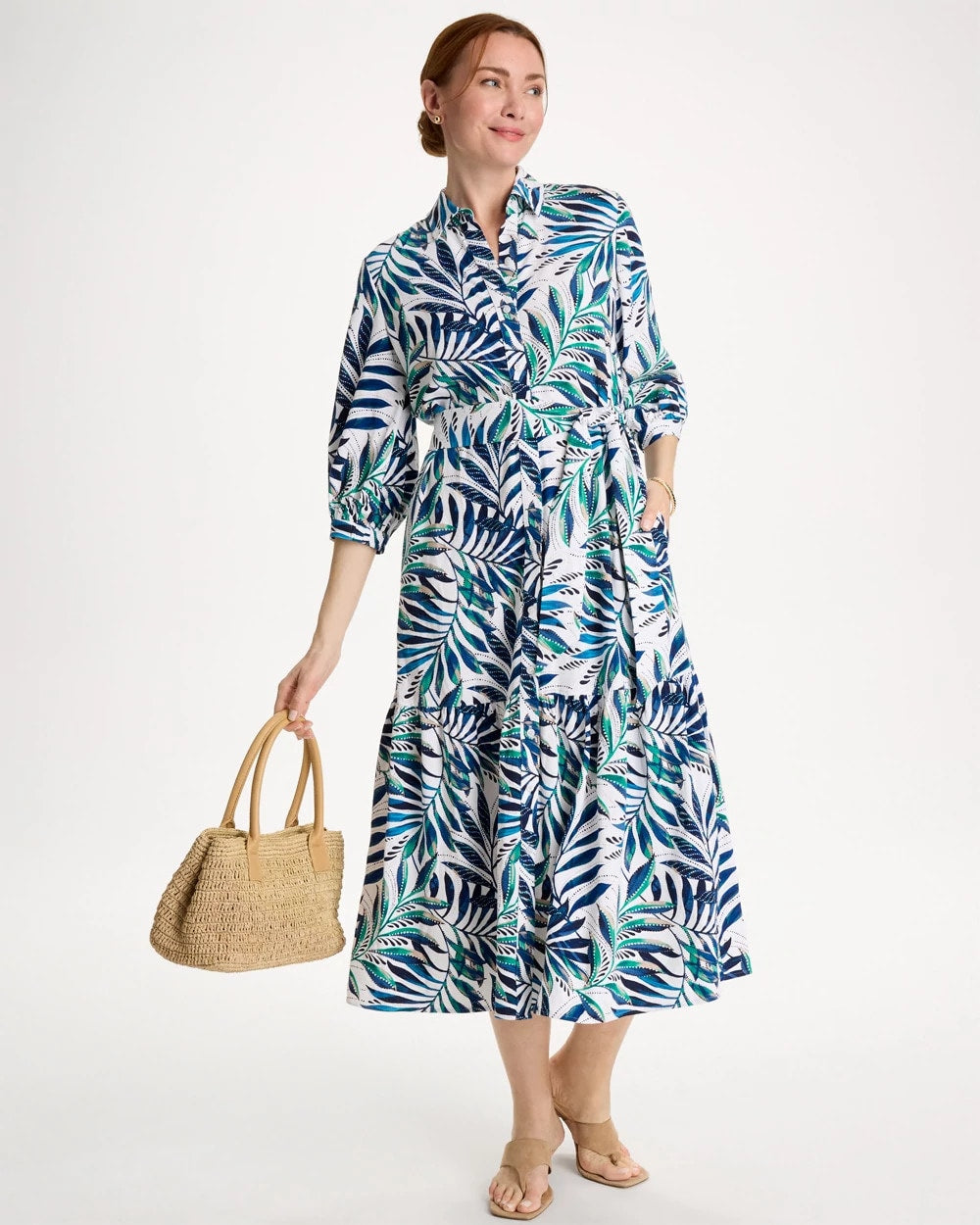 Chico's On Sale Passport Blue Palm Cotton-Rayon Slub Shirtdress