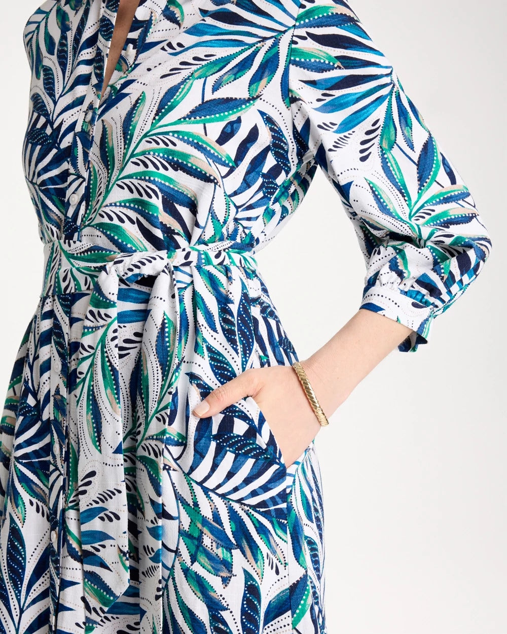 Chico's On Sale Passport Blue Palm Cotton-Rayon Slub Shirtdress