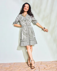 Chico's For Sale Kelp Forest Printed Cotton-Linen Belted Dress