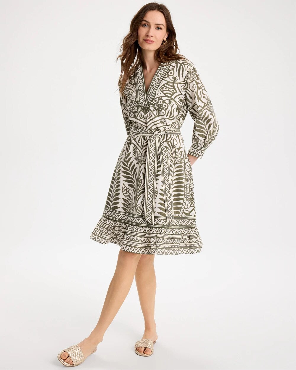 Chico's For Sale Kelp Forest Printed Cotton-Linen Belted Dress