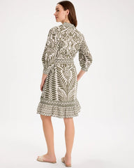 Chico's For Sale Kelp Forest Printed Cotton-Linen Belted Dress