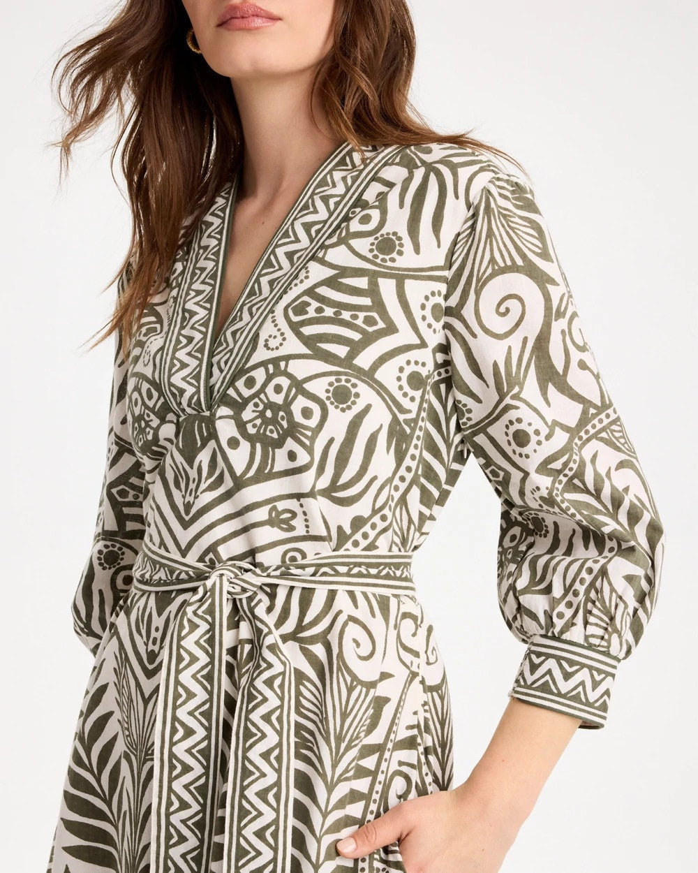 Chico's For Sale Kelp Forest Printed Cotton-Linen Belted Dress