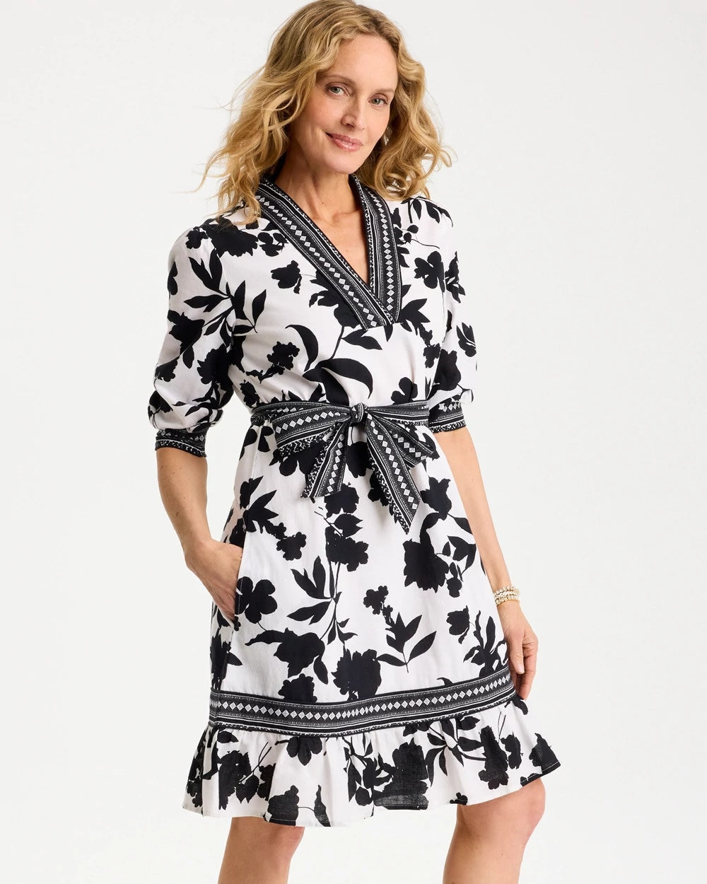 Chico's Online Black Floral Cotton-Linen Belted Dress