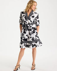 Chico's Online Black Floral Cotton-Linen Belted Dress