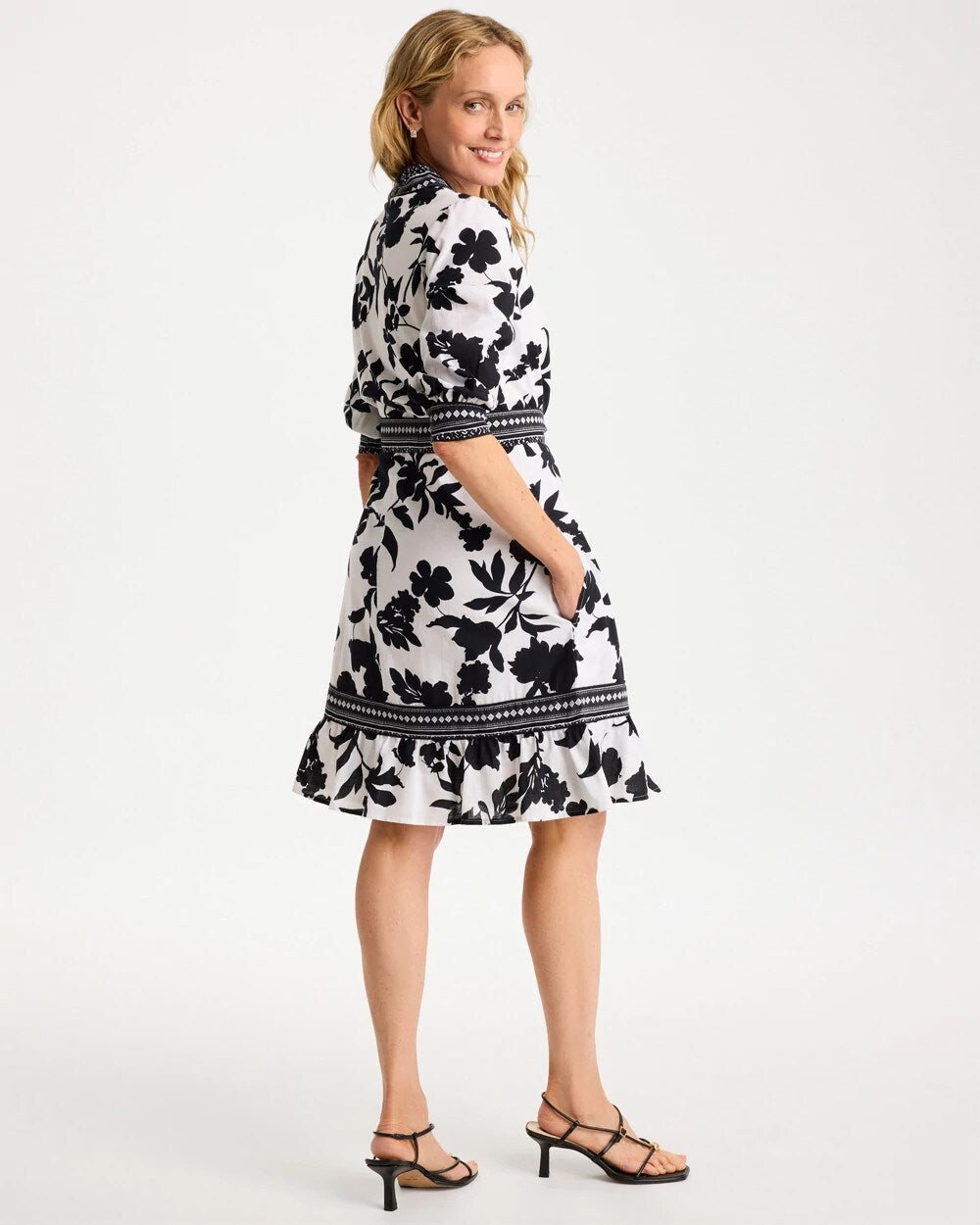 Chico's Online Black Floral Cotton-Linen Belted Dress